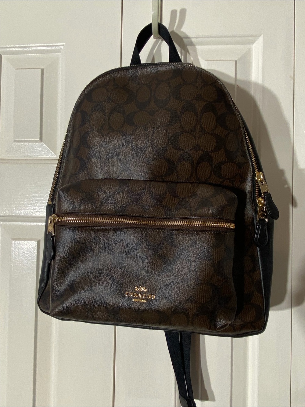 Coach Dark Brown Signature Monogram Backpack with Gold Hardware